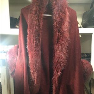 Wine Poncho High Low Faux Fur